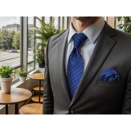 S&W SHLAX&WING Mens Tie Navy Royal Blue Green Striped Tie and Pocket Square Formal XL Extra Long, Extra long tie 160 cm x 8.9 cm + pocket handkerchief