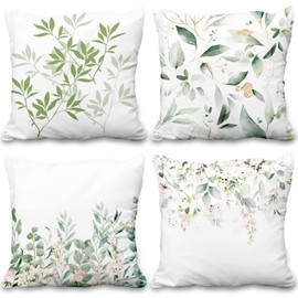 Aoihrraan 24 x 24 Inch Spring Sage Green Leaf Cushion Covers Eucalyptus Floral Watercolor Soft Short Plush Square Throw Pillow Covers For Living Room Sofa Outdoor Couch, 60x60cm Set of 4 Pillowcases