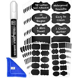 Kempshott 98 Chalkboard Labels in 12 Assorted Shapes & 3 Sizes - Washable, Removable & Reusable Labels for Jars with Free Erasable Liquid Chalk Marker & Mini Towel (Pack of 98)