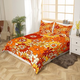 Boho Floral Bedding Set Double Retro Groovy Flowers Duvet Cover 60S 70S Hippie Flower Power Comforter Cover For Kids Girls Women Groovy Natural Garden Botanical Quilt Cover 2 Pillow Cases Orange Brown