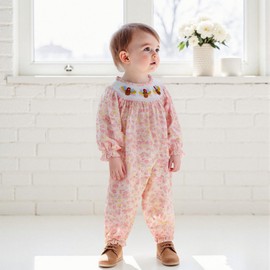 Loalirando Infant Newborn Baby Girl Thanksgiving Romper Long Sleeve Round Neck Turkey Embroidery Smocked Jumpsuit One Piece Clothes (Pink, 6-12 Months)