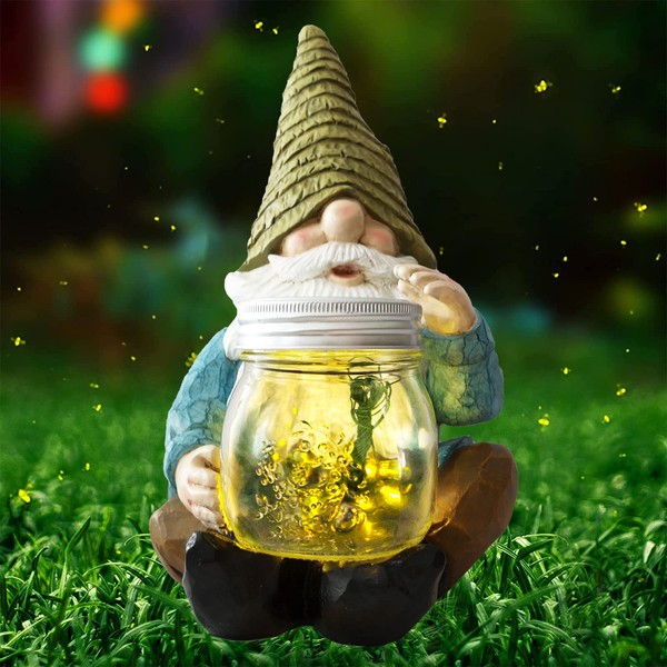 Vcdsoy Solar Firefly Jar Gnome Waterproof -Solar Outdoor LED Lights Resin Garden Gnome Statues Decor 10.4" Lantern Figurines Funny Yard Christmas Decorations Gifts for Ornament Outside Yard Lawn Porch