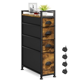 LASZOLA 4 Drawer Narrow Dresser Slim Cabinet Skinny Storage Tower Chest, Ideal for Small Spaces Bathroom Bedroom, Between Washer and Dryer, Lightweight Mobile on Wheels, Sturdy Fabric Drawers, Brown
