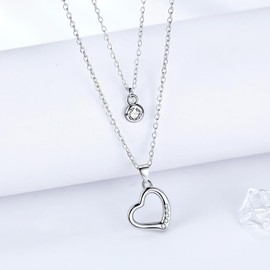 REIOT Women's Silver Necklace, Double Chain Made of 925 Sterling Silver with Cubic Zirconia Pendant, Mother's Day Birthday Gift for Mum, Ladies, Chain Length 45 + 5 cm, Sterling Silver