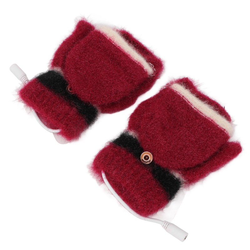 USB Heated Gloves Half Fingerless Flip Burgundy Double Sided Knit