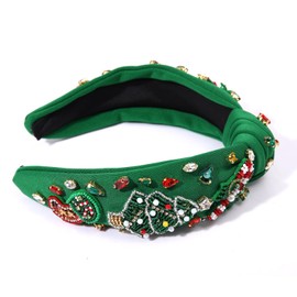 ZITULRY Christmas Knotted Headband for Women Beaded Xmas Tree Candy Cane Socks Crystal Embellished Top Knot Hairband Funny Gifts for Ladies Sister Mom BFF (Xmas Tree Socks-Green2311)