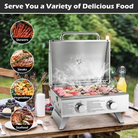 Giantex Portable Gas Grill - Tabletop Propane Grill with 2 Burners, 20,000 BTU total, Built-in Thermometer, Foldable Legs, Regulator Hose, Stainless Steel BBQ Grill for Outdoor Camping Barbecue