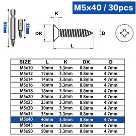 Mbsomnus 30 Pieces M5 x 40 mm Screws Set Stainless Steel 304 Wood Screws Black Cross Head Tapping Screws Full Thread with Screwdriver Bit for Window Mounting Furniture Office Equipment DIY