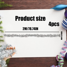 Shiny Tinsel Garland, Metallic Tinsel Garlands, Christmas Tinsel Shiny, 2 m Christmas Decoration Tinsel for Christmas Tree, Christmas Party, Pack of 4, Silver