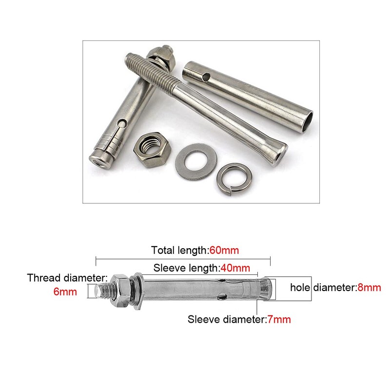 Stainless Steel M6 x 60mm Hex Head Sleeve Anchor, for