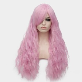 68 cm Pink Long Fashion Wavy Side Parting Synthetic Wig Cosplay Christmas Party Daily Wear Wigs for Women Free Wig Cap