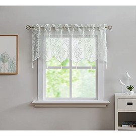 LinenZone Sheer Lace Valance with 6 Tassels and Scalloped Bottom for Kitchen, Bathroom, Dining Room, Living Room, Bedroom or Basement. Classic English Rose Design. (Luna 54 x 22, Ivory)