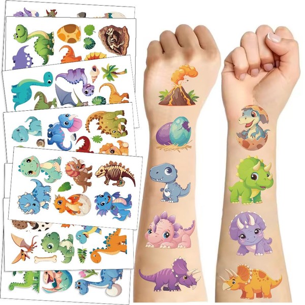 8 Sheets Cute Dinosaur Temporary Tattoos – Individually Wrapped Dino