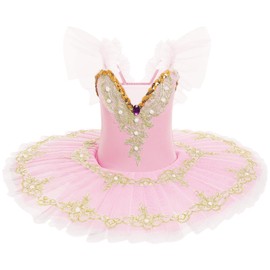 Odizli Ballerina Costume for Girls Kids Flutter Sleeve Lace Pearl Embroidered Tulle Tutu Skirt Gymnastic Swan Lake Dance Skating Team Performance Ballet Dress + Hair Clip + Armbands Pink 5-6 Years