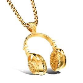 SeiMios Headphone Necklace for Men, Gold Hip Hop Punk Rock Music Pendant Necklace Stainless Steel Jewelry for Men Women