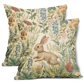 Spring Pillow Covers 22x22 Inch Set of 2 Rabbit Bunny Floral Flower Green Leaves Vintage Botanical Plants Easter Themed Cotton Linen Decorative Throw Pillow Case for Bedroom Sofa Living Room Chair
