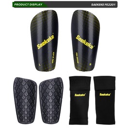 Saekeke Football Shin Pads with Socks for Children/Teenagers/Adults, Lightweight, Comfortable Cushioning, Football Shin Protection, Improved Version FE2201 Black-XL