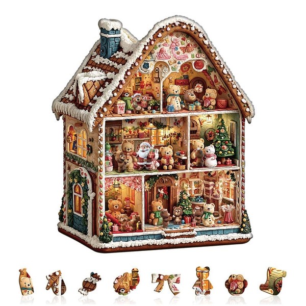 Jigfoxy Wooden Puzzles for Adults, 235-Piece Bear’s Christmas House Jigsaw