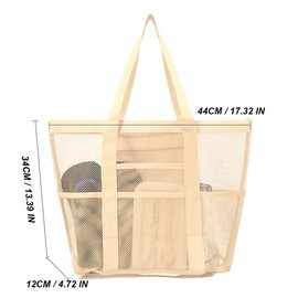 ALMLWIAJ XXL Mesh Beach Bag, 64 x 43 x 20 cm, 27L Capacity, Waterproof with Zip Compartment, Foldable, Black, khaki, XXL