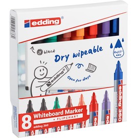 edding 360 whiteboard marker set - multi-coloured - 8 whiteboard pens - round nib 1.5-3 mm - whiteboard pen dry wipe - for whiteboards, flipcharts, magnetic, memo boards - sketchnotes - refillable