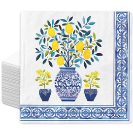 JarThenaAMCS 100Pcs Lemon Topiary Paper Napkin Yellow Blue Chinoiserie Disposable Luncheon Napkin Summer Dinner Napkin for Home Kitchen Party Supplies