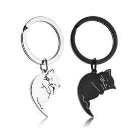 Looking Cat Keychain, Couple, Pairs, Matching, Cute, Simple, Cat Keyring, Girlfriend, Anniversary, Birthday, Lover, Friend, Gift, black+silver