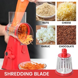 Rotary Cheese Grater Handheld Vegetable Slicer with 3 Stainless Steel Drum Blades, Carrot Grater for Kitchen, Slicer Shredder for Cheese, Cucumber, Nuts, Strong Suction Base, Easy to Use - Red