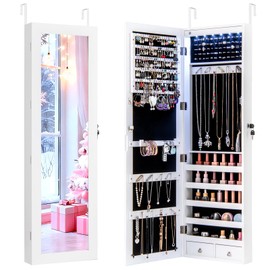 NAFORT 15 LEDs Full Length Mirror Jewelry Cabinet, Jewelry Armoire with Mirror 5 Shelves and 2 Drawers, Door/Wall Mounted Jewelry Mirror with Storage, Over the Door Jewelry Organizer