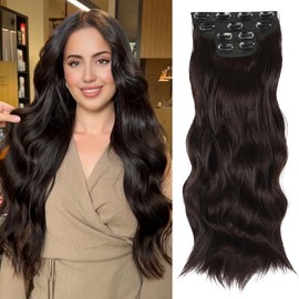 [NEW IN] Vigorous Clip in Hair Extensions Long Wavy Synthetic Hairpieces for Women and Girls, Easy to Install for Daily Use and Event Party Use:_6/27 Brown mixed Ôºà20inch)