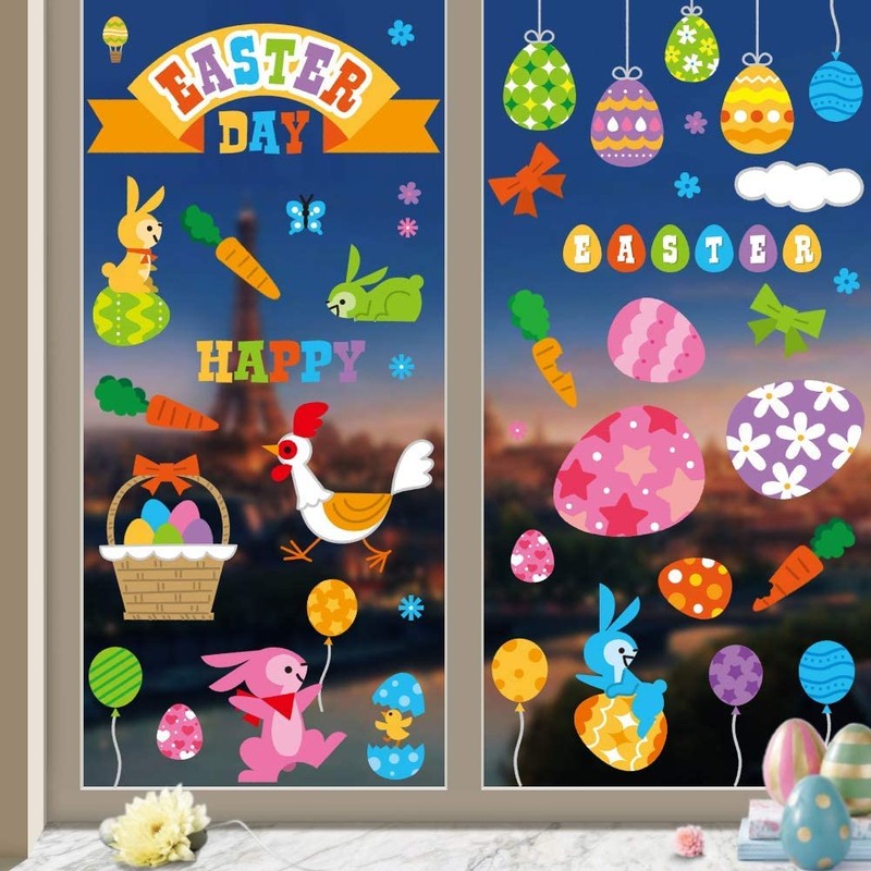 CCINEE Easter Window Cling Sticker,108pcs Egg Bunny Glass Window Sticker