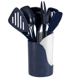 Hutzler 7-Piece Mini Melamine Cooking Utensils and Storage Crock Set, Includes 7.5 Inch Long Fork, Slotted Spoon, Solid Spoon, Ladle, Spreader and Slotted Turner (Blue)