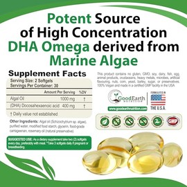 Vegan Omega 3 - Potent Plant Based Algal DHA derived from Marine Algae - Better than Fish Oil - 60 Veggie Softgels - Supports Brain, Heart, Joints & P