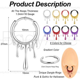 BodyAce 18G Nose Rings Septum Hoops, 316L Stainless Steel Tragus Piercings Earrings, Multi Colors Molten Lava Septum Rings Gothic Body Jewelry [Orange]