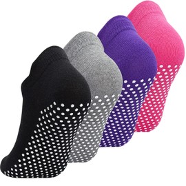 GRPSKCOS Yoga Socks Women's Non-Slip Socks 4 Pairs 35-43 Non-Slip Slipper Socks for Yoga, Pilates, Dance, Hospital, Home, Workout, Sports, Trampoline, 01 Black+Grey+Rose+Purple