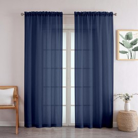 Chyhomenyc Crushed Sheer Navy Blue Curtains 84 Inch Length 2 Panels, Light Filtering Solid Crinkle Voile Lightweight Rod Pocket Sheer Curtian for Bedroom Living Room, Each 42Wx84L Inches