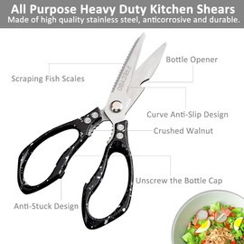 Heavy Duty Food Shears, Multi-Purpose Kitchen Scissors with Sharp Blades, 2-Pack Stainless Steel Food Shears for Kitchen, Poultry, Meat, Fish,Bone (Black)
