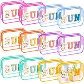 Kacctyen 12 Pcs Clear Toiletry Bags Bulk Preppy Cosmetic Pouch Chenille Letter Patch Makeup Bags Waterproof PVC Sunscreen Zippered Organizer for Women Girl Summer Beach Travel Vacation Gift(Sun)
