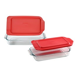 Pyrex Bundle - 4 Items: (1) 232 2qt Glass Dish, (1) 233 3qt Glass dish, (1) 232-PC 2qt Red Lid, (1) 233-PC 3qt Red Lid