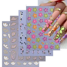 4 Sheet Spring Floral Nail Art Stickers with Gold-Edged Flowers Vibrant Color Waterproof Nail Stickers DIY Glossy Nail Design Decals for Women Colorful Cute Litter Bloom Nail Decor for Manicure Salon
