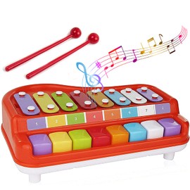 Toysery 2 in 1 Baby Piano Xylophone for Toddlers. Piano Toy Musical Instrument with 8 Multicolored Key Scales in Crisp and Clear Tones. Mallet Included. Ages 18 Months and Above.