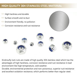 182 Pieces 304 Stainless Steel Lock Nuts, Kindroufly 5 Sizes Metric Locknuts, Nylon Insert Hex Lock Nuts Assortment Kit (M3, M4, M5, M6, M8)