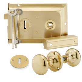 XFORT Premium Range 6"x 4" Traditional Brass Rim Lock Set with Polished Brass Rim Knob, Surface Door Lock with Latch, Shed Lock with Key, Vintage Garden Gate Lock, for External Sheds, Gate or Doors