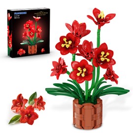 PLAXSOON Amaryllis Flowers Bonsai Building Set, Botanical Collection Building Block, Artificial Plant Kit Home Decor, 503 PCS Flower Bouquet Bonsai Birthday Gift for Her Adults Kids Boys Girls 12+