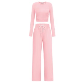 PINSPARK Fall Outfits for Women 2024 Crop Tops Elastic Waist Wide Leg Pants 2 Piece Matching Lounge Sets Comfy Vacation Tracksuit, Pink Medium