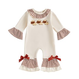 Santikisler Newborn Baby Girl Outfit Farm Cow Long Sleeve Romper Jumpsuit Smocked Bubble Clothes Fall (Khaki, 0-3 Months)