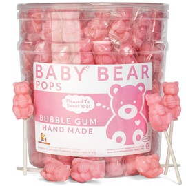 Pink Bear Pops Lollipop Suckers: Individually Wrapped Baby Bear Candy on a Stick by Espeez - Bubble Gum Bears (115 Count)