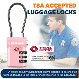 SURE LOCK TSA Approved Luggage Locks, Open Alert, Easy Read Dials, Travel Luggage Locks for Suitcase, Baggage Locks (Pink 2 Pack)