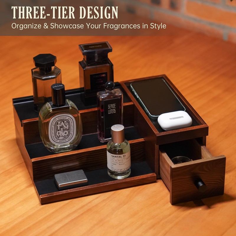 NiHome Handcrafted 3 Tier Wooden Cologne Organizer for Men, Mens