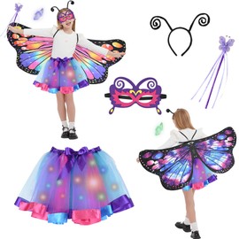 Joellfuner Children's Butterfly Costume on Both Sides, Pack of 5 Children's Butterfly Wings, Butterfly Cape Wings Child with Mask, Fairy Stick, Tutu Skirt with LED, Carnival Cosplay (Style 2)