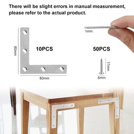 SNAGAROG 10Pcs Heavy Duty L Shaped Plate Bracket Flat Corner Braces Stainless Steel Plates Angle Brackets Corner Brackets Flat Plate Fastener with Screws for Furniture Desk Table Shelf Repair, 80*80mm